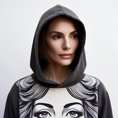 Woman in Hoodie with Face Print