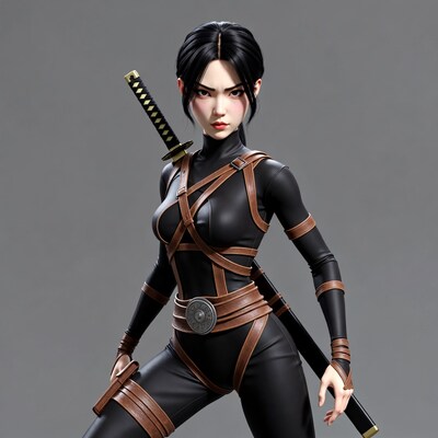 Asian woman with katana in leather suit