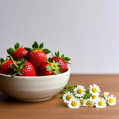 Strawberries in white bowl with daisies