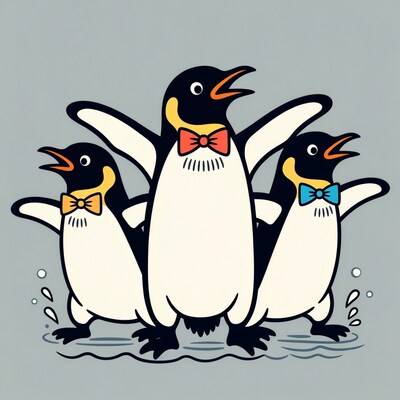 Three cartoon penguins wearing bow ties