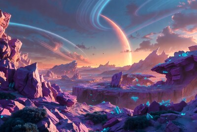 Alien Planet with Rings and Purple Rocks