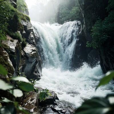 Majestic Waterfall in Misty Forest