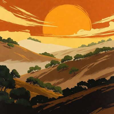 Vibrant Sunset Over Hilly Landscape