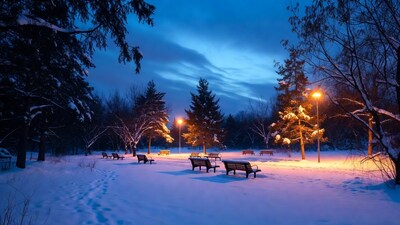 Snowy park benches at night