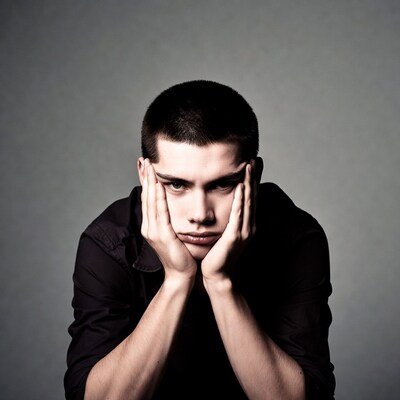 Young man hands on face