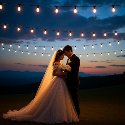 Asian bride and groom under string lights