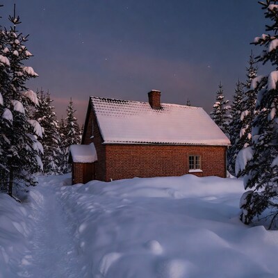 Snowy Brick Cabin in Starry Forest