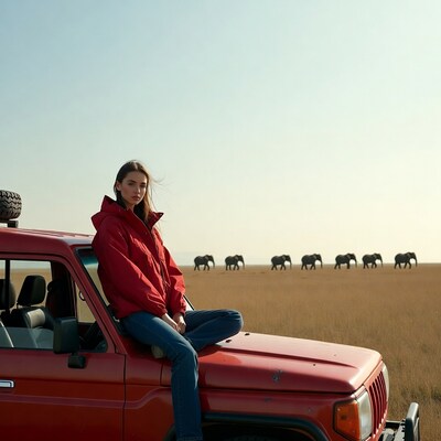 Woman on red jeep with savanna elephants