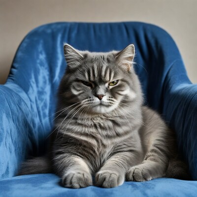 Grumpy gray cat on blue chair