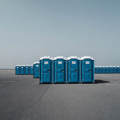 Row of Blue Portable Toilets in Parking Lot
