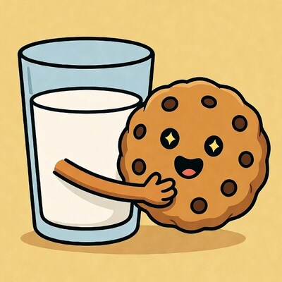 Cute cartoon cookie hugging milk glass