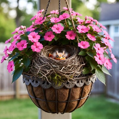 Baby Birds Nest in Pink Flower Basket