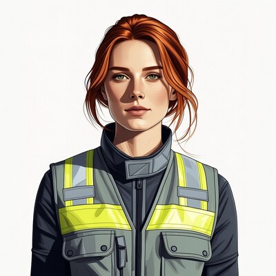 Redhead woman in reflective safety vest