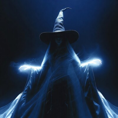 Woman casting magic spell in witch hat