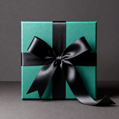 Teal gift box with black satin bow
