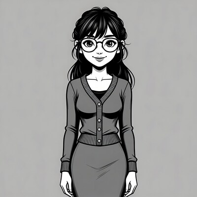 Anime woman in cardigan and skirt