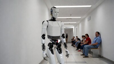 White humanoid robot in hospital corridor
