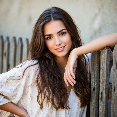 Smiling woman leaning on wooden fence