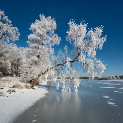 Frost-covered trees by frozen lake