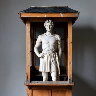 Marble male statue in wooden booth