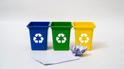 Colorful Recycling Bins with Paper