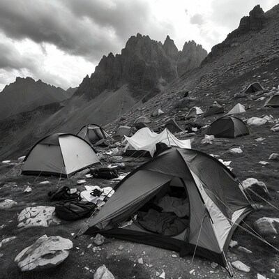 Tents camping in dramatic mountains