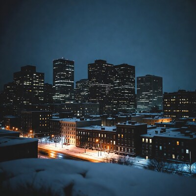 Snowy City Skyline at Night