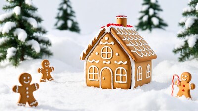 Gingerbread house with gingerbread men in snow