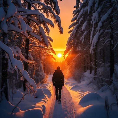 Man walking snowy path at sunset
