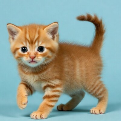 Orange tabby kitten walking on blue background