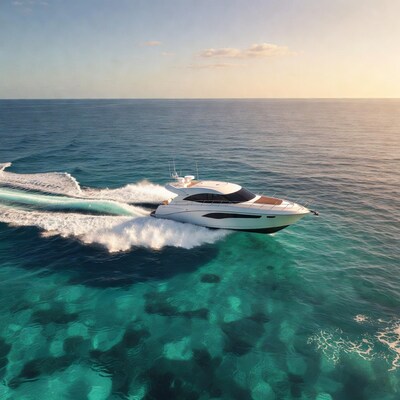 White luxury yacht speeding in turquoise ocean