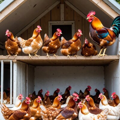 Chickens and Rooster in Wooden Coop
