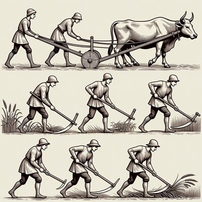 Medieval Men Plowing and Harvesting Wheat Illustration