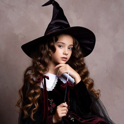 Girl in witch costume holding wand