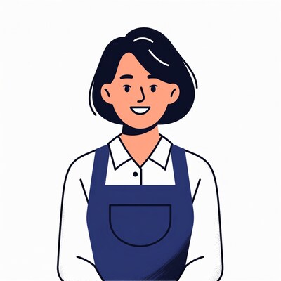 Asian woman in blue apron