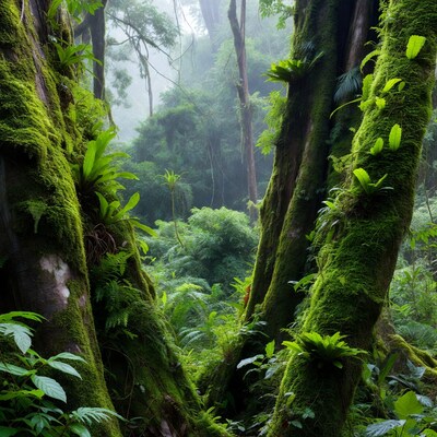 Mossy Trees in Misty Rainforest