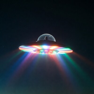 Colorful UFO flying in night sky