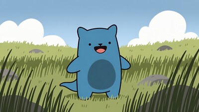 Happy blue cartoon cat in grass field