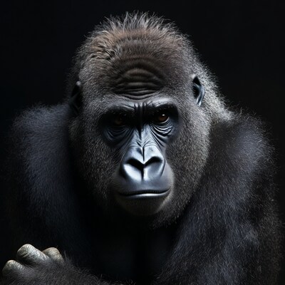 Close-up gorilla portrait black background