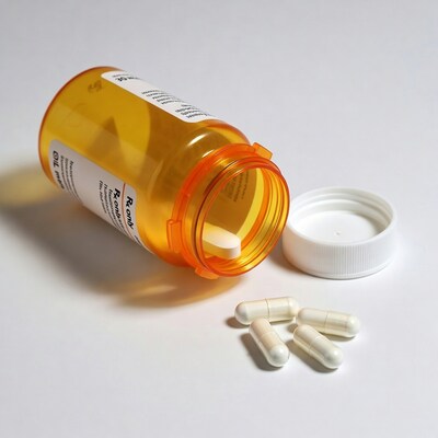 Open prescription bottle with spilled pills