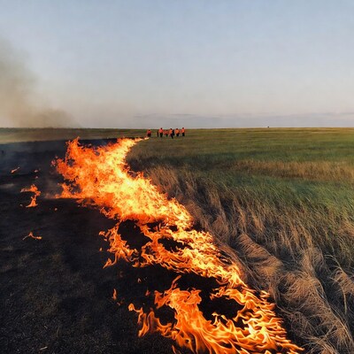 Firefighters burning grassland field