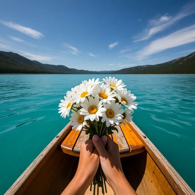 Hands holding daisies in canoe on turquoise lake