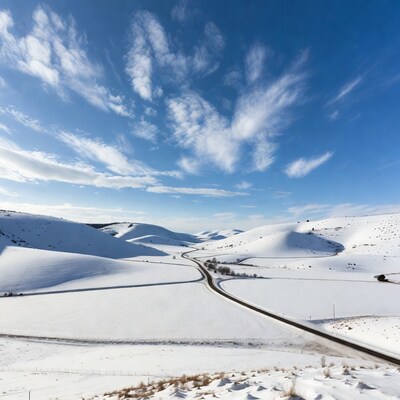Snowy Valley with Winding Road