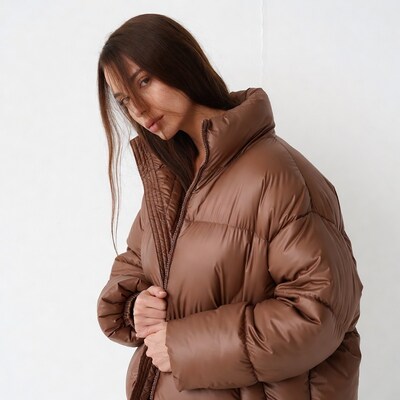 Woman in brown puffer jacket