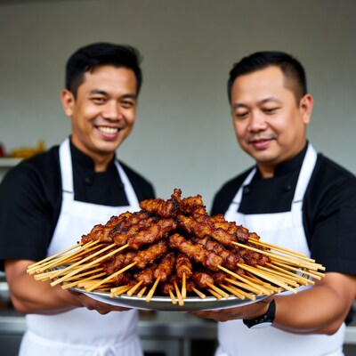 Two Asian Chefs Holding Satay Skewers