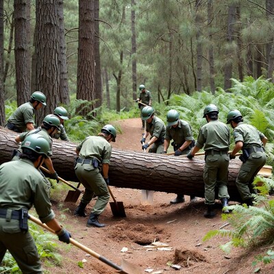 Forest workers lifting log trail