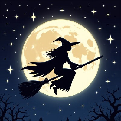 Witch flying on broomstick under full moon