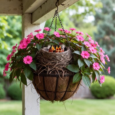 Bird nest with chicks in pink flower basket