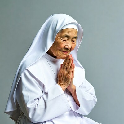 Elderly Asian nun praying with hands clasped