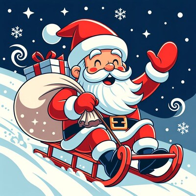 Santa Claus sledding with sack